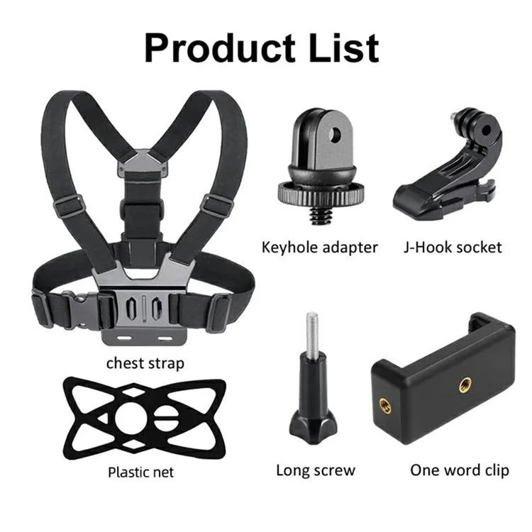 6-in-1 Accessories Kit for GoPro Hero Parts with Chest Strap, Mobile Phone Clip