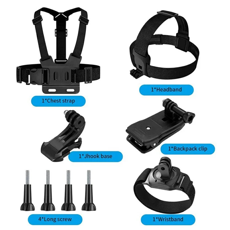 For GoPro Hero 9 / 8 / 7 / 6 / 5 9-in-1 Chest Strap Head Strap J-hook Base Sports Camera Accessories Kit