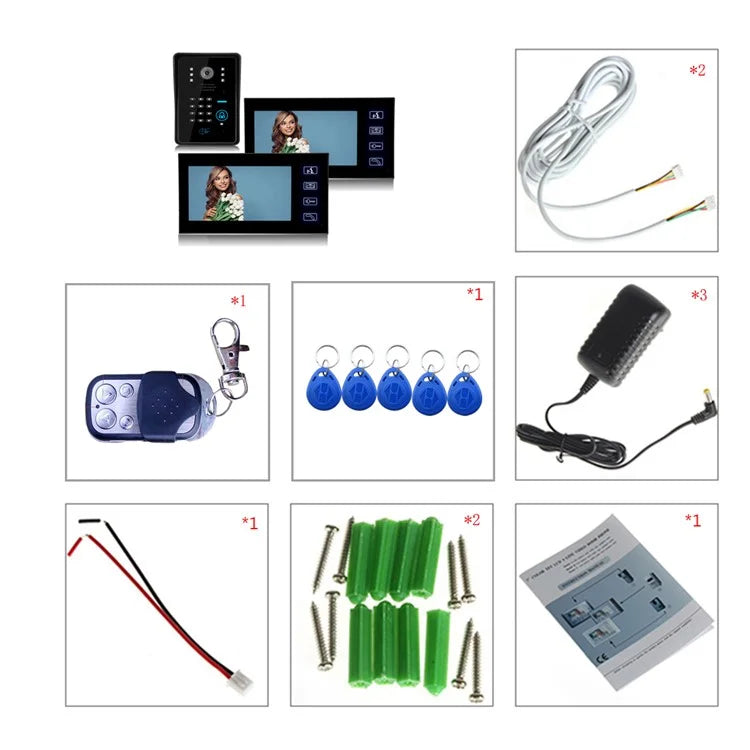 806MJIDS12 EU Plug 7-inch Home Intercom Video Doorbell, 1 Camera+2 Monitor