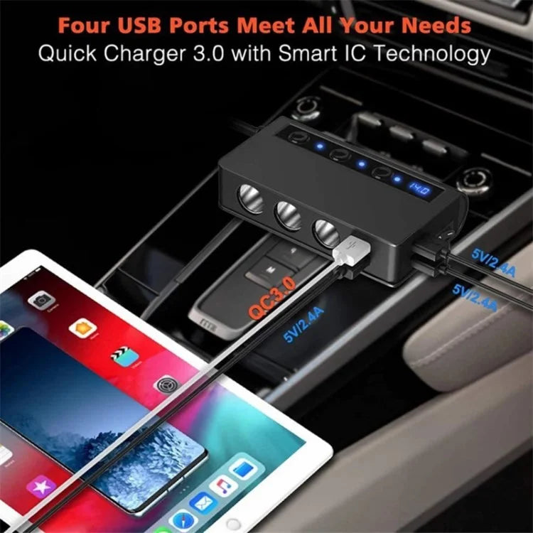 180W Car Charger 3 Cigarette Lighter Sockets 4 USB Ports QC3.0 Phone Fast Charging Adapter