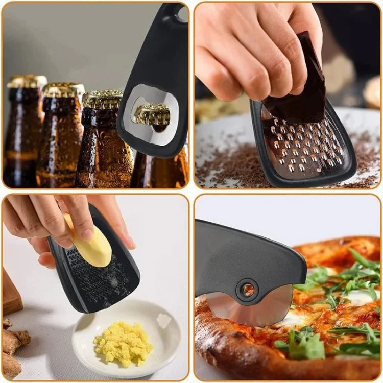6-in-1 Roller Pizza Cutter Can Opener Garlic Masher Peeler Kitchen Gadget Set (BPA Free, No FDA)