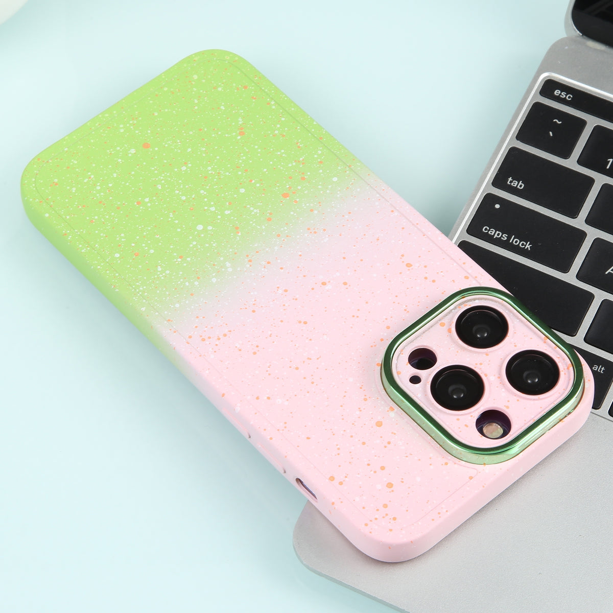 ELECTROPRIME For iPhone 15 Plus Gradient Starry Silicone Phone Case with Lens Film(Pink Green)
