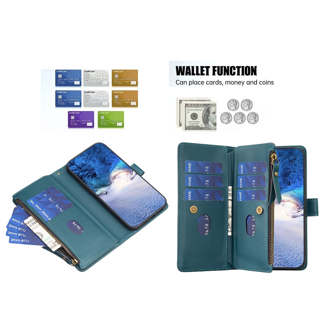 ELECTROPRIME For iPhone 15 Plus 9 Card Slots Zipper Wallet Leather Flip Phone Case(Green)