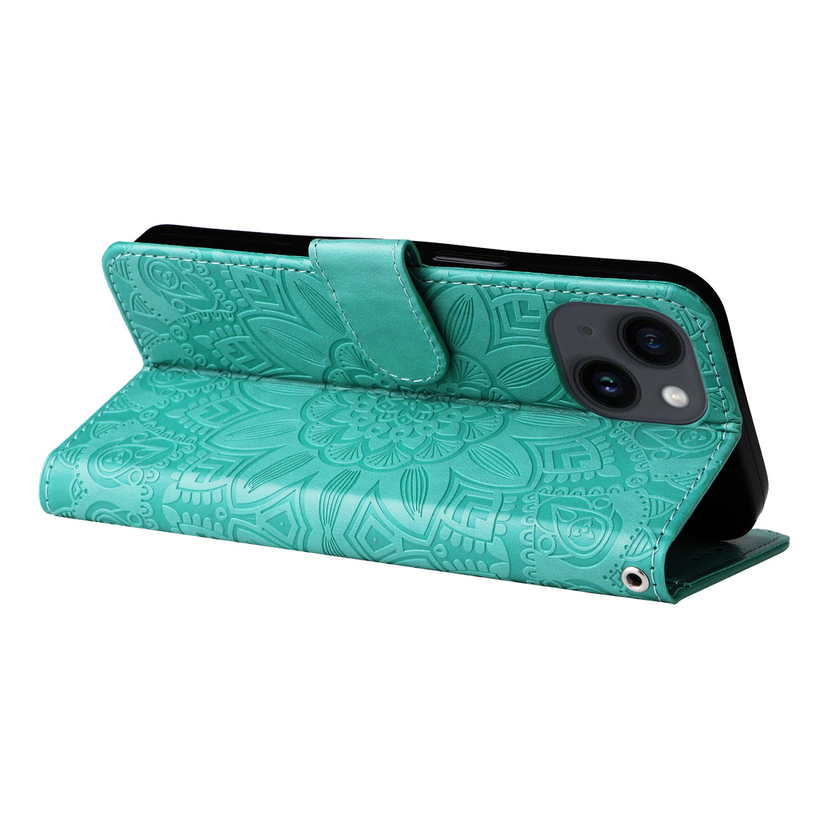 ELECTROPRIME For iPhone 15 Plus Embossed Sunflower Leather Phone Case(Green)