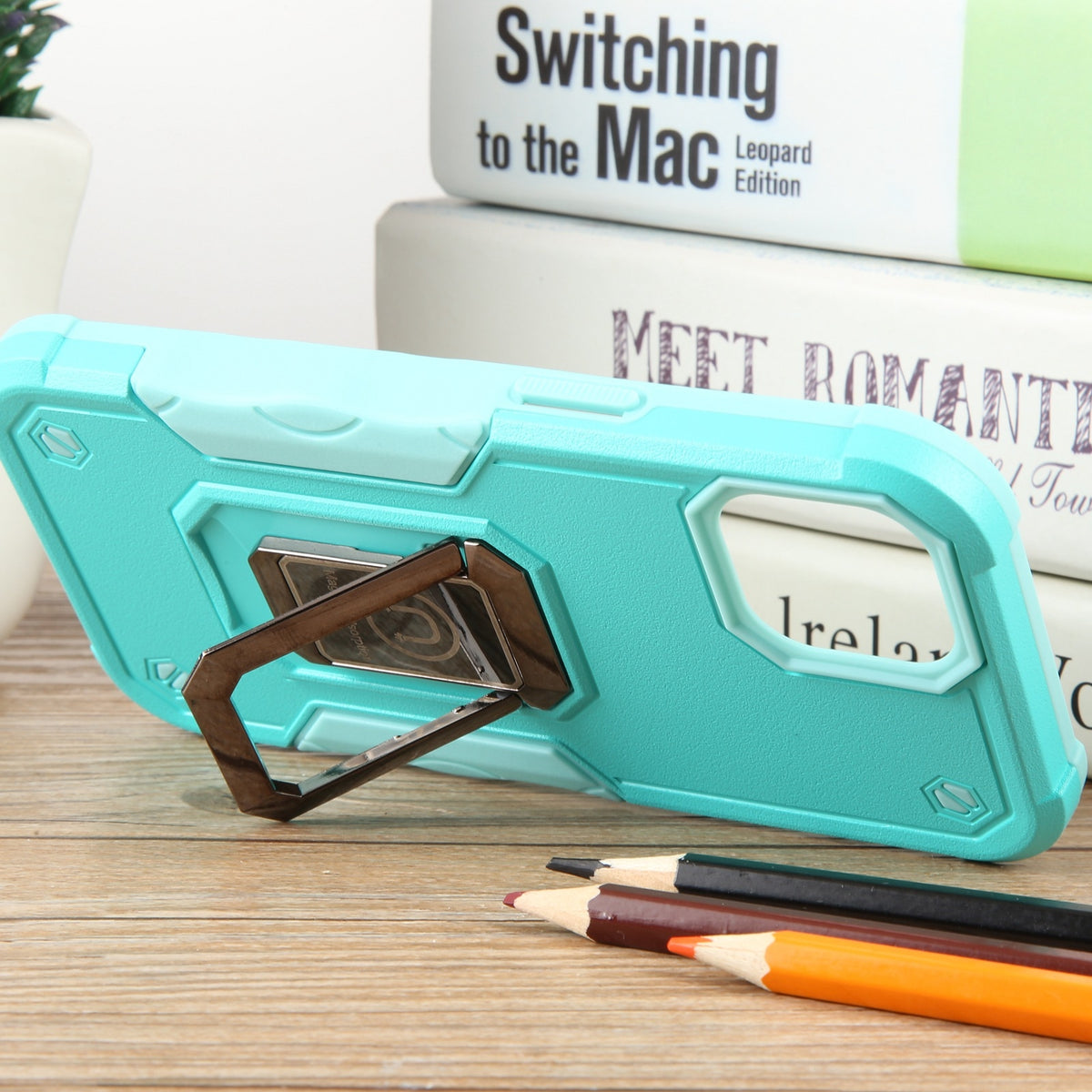 ELECTROPRIME For iPhone 15 Ring Holder Non-slip Shockproof Armor Phone Case(Mint Green)