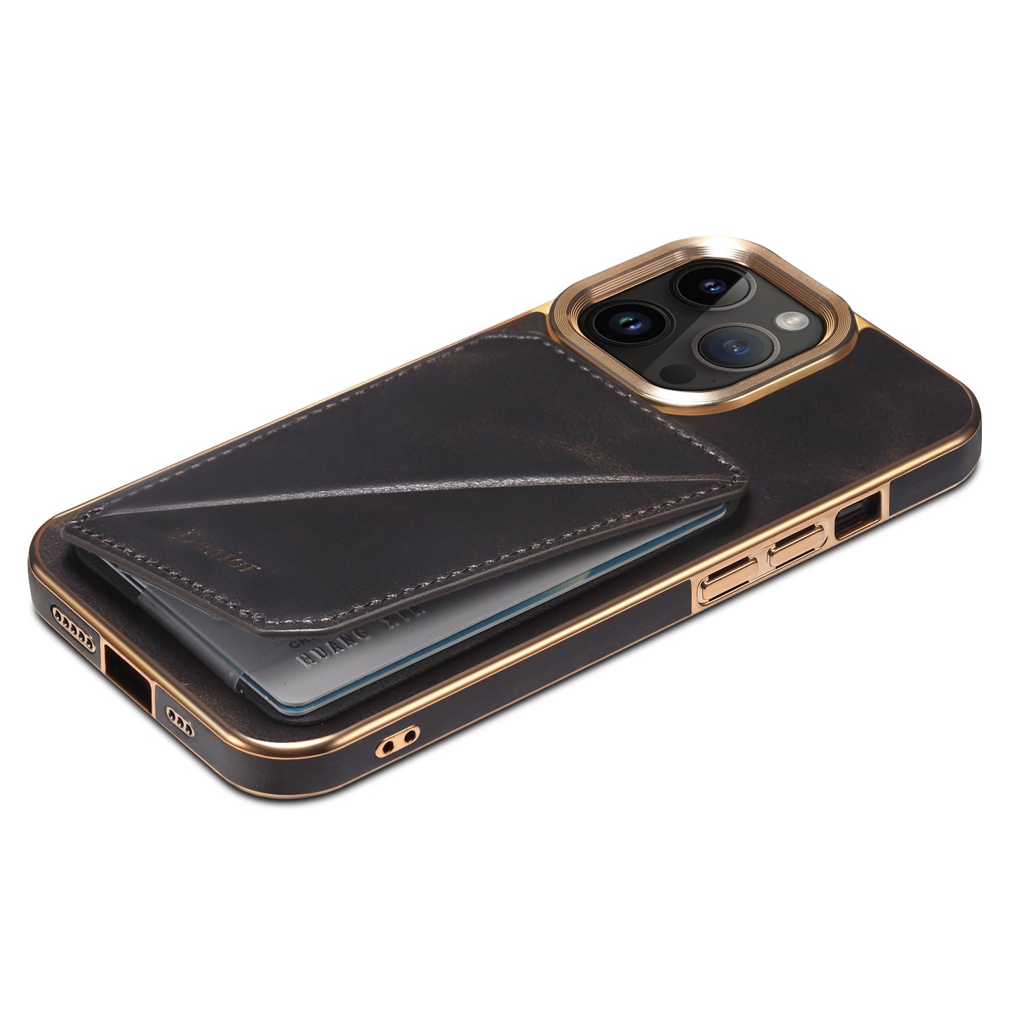ELECTROPRIME For iPhone 15 Denior Oil Wax Leather Electroplating Card Slot Holder Phone Case(Black)