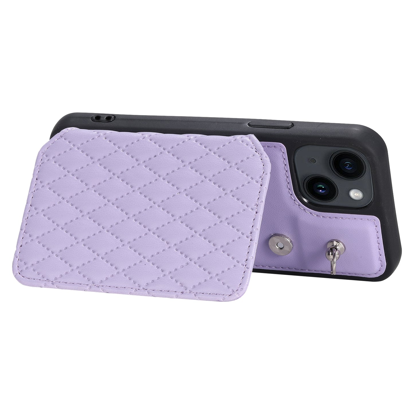 ELECTROPRIME For iPhone 15 Grid Texture Card Bag Phone Case with Lanyard(Purple)