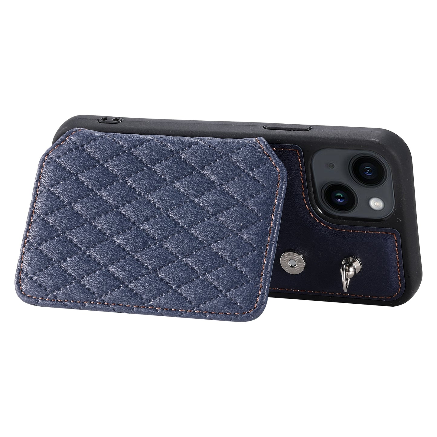 ELECTROPRIME For iPhone 15 Grid Texture Card Bag Phone Case with Lanyard(Blue)