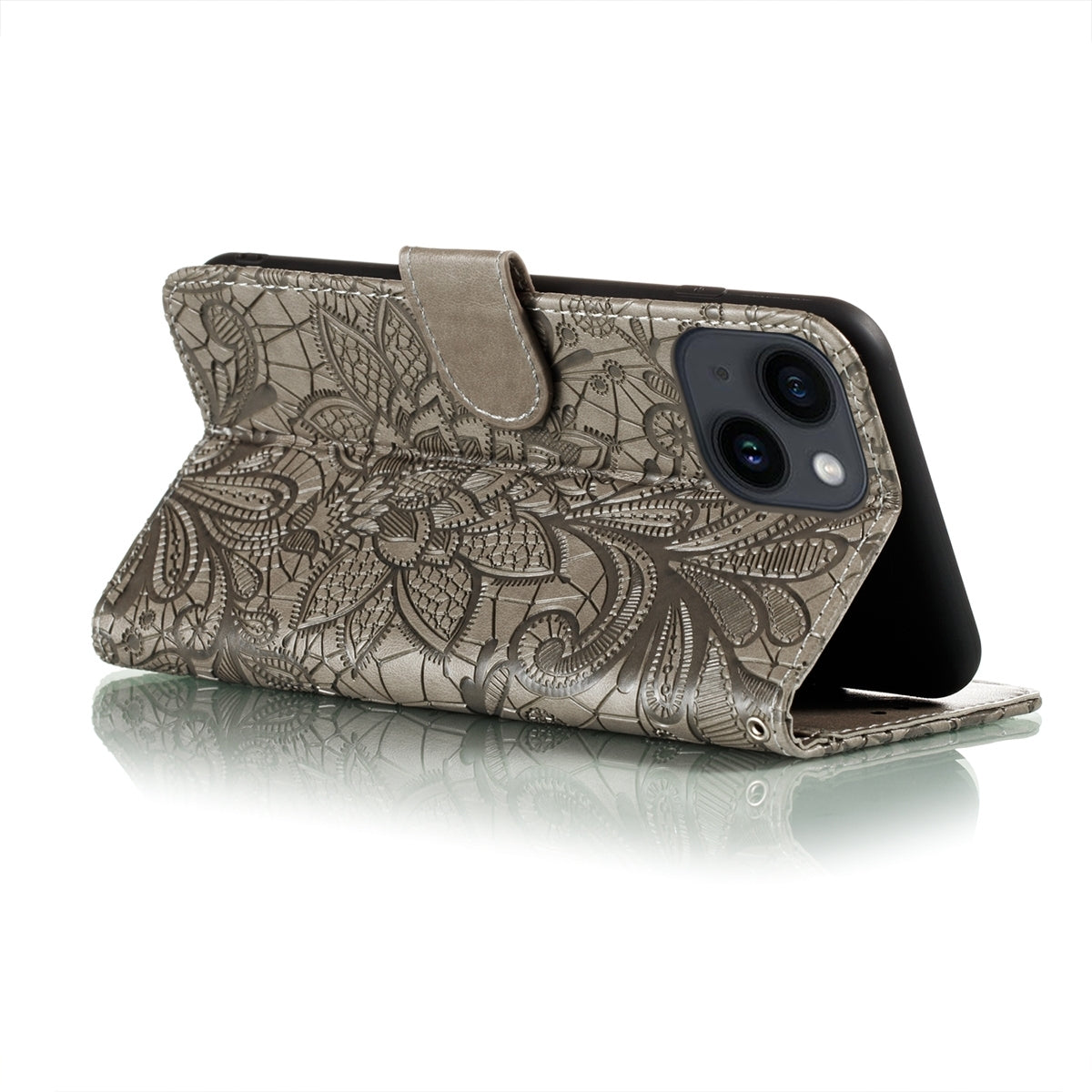 ELECTROPRIME For iPhone 15 Plus Lace Flower Embossing Flip Leather Phone Case(Grey)
