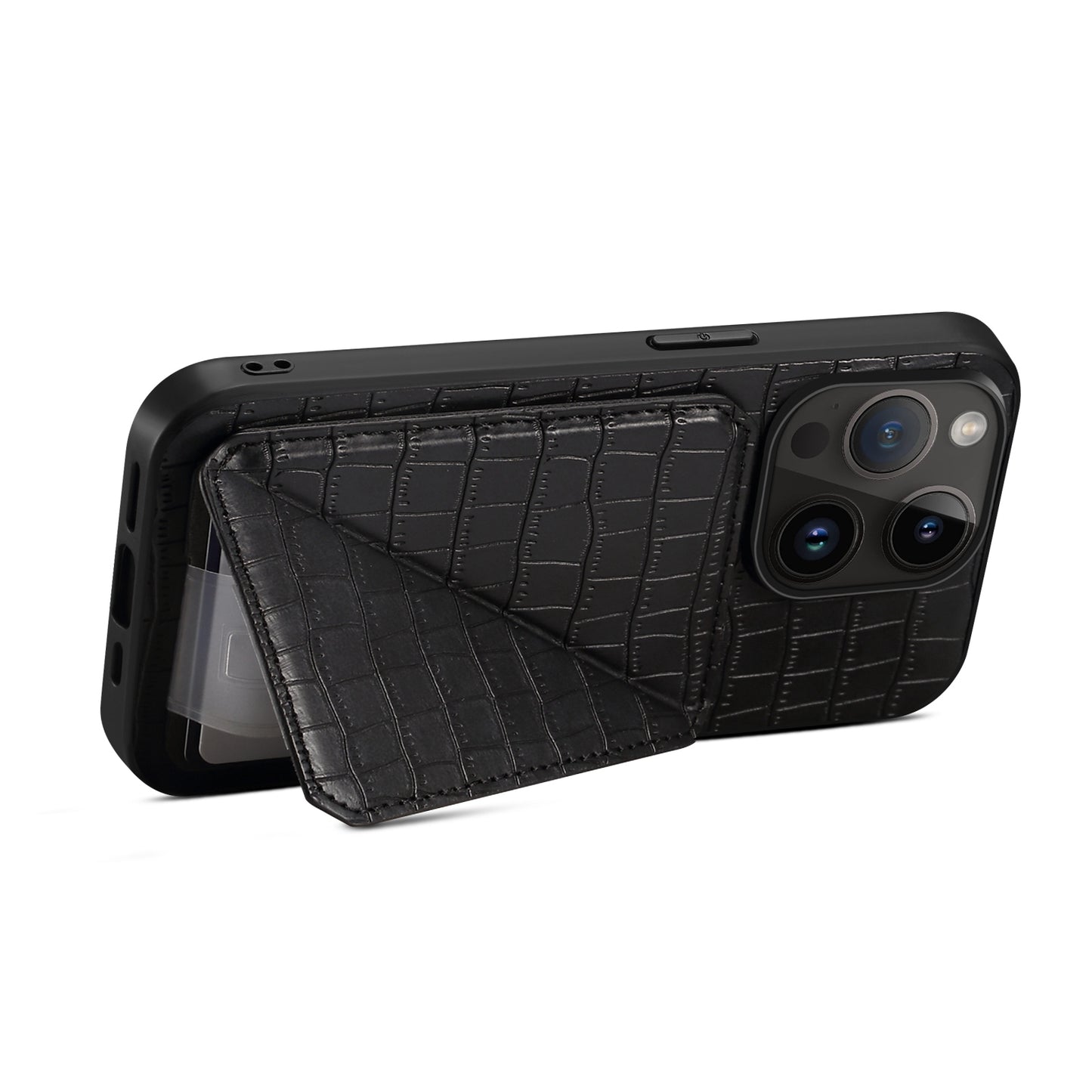 ELECTROPRIME For iPhone 15 Imitation Crocodile Leather Back Phone Case with Holder(Black)