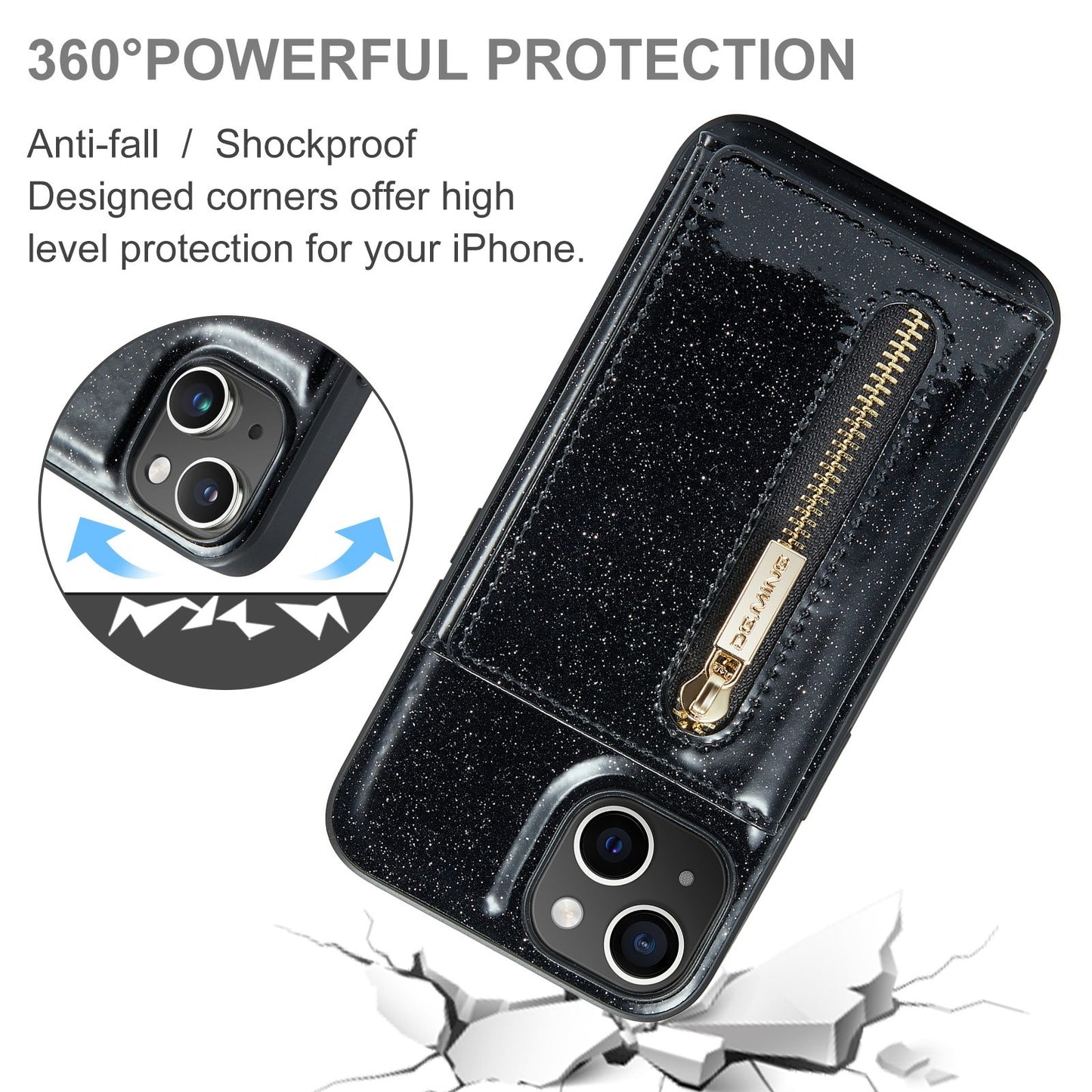 ELECTROPRIME For iPhone 15 DG.MING M3 Series Glitter Powder Card Bag Leather Phone Case(Black)