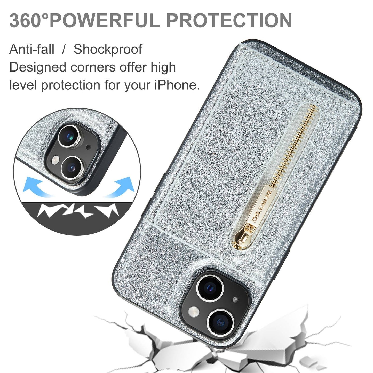 ELECTROPRIME For iPhone 15 DG.MING M3 Series Glitter Powder Card Bag Leather Phone Case(Silver)
