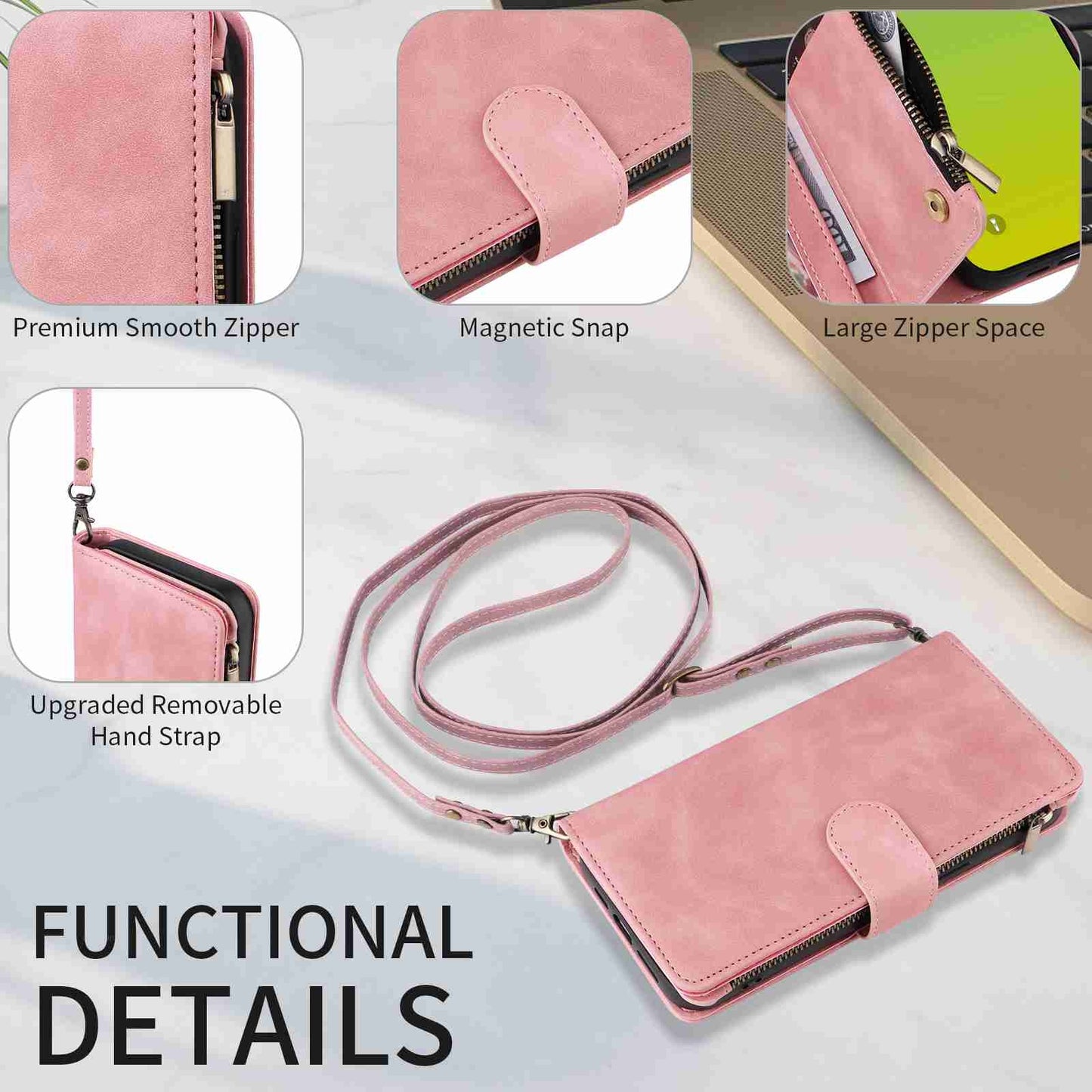 ELECTROPRIME For iPhone 15 Crossbody Multi-card Slot Wallet Zipper Leather Phone Case(Pink)