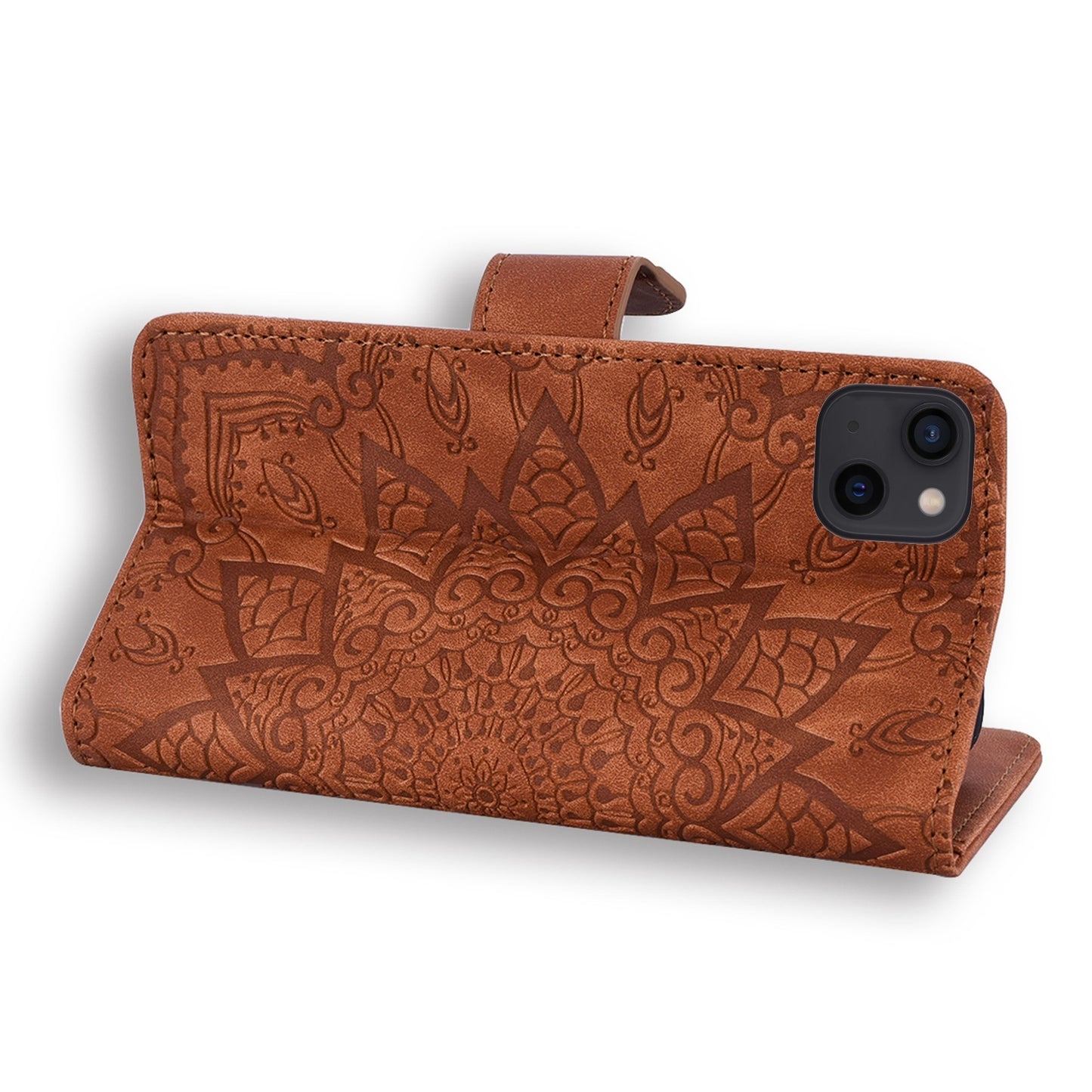 ELECTROPRIME For iPhone 15 Mandala Embossed Dual-Fold Calf Leather Phone Case(Brown)