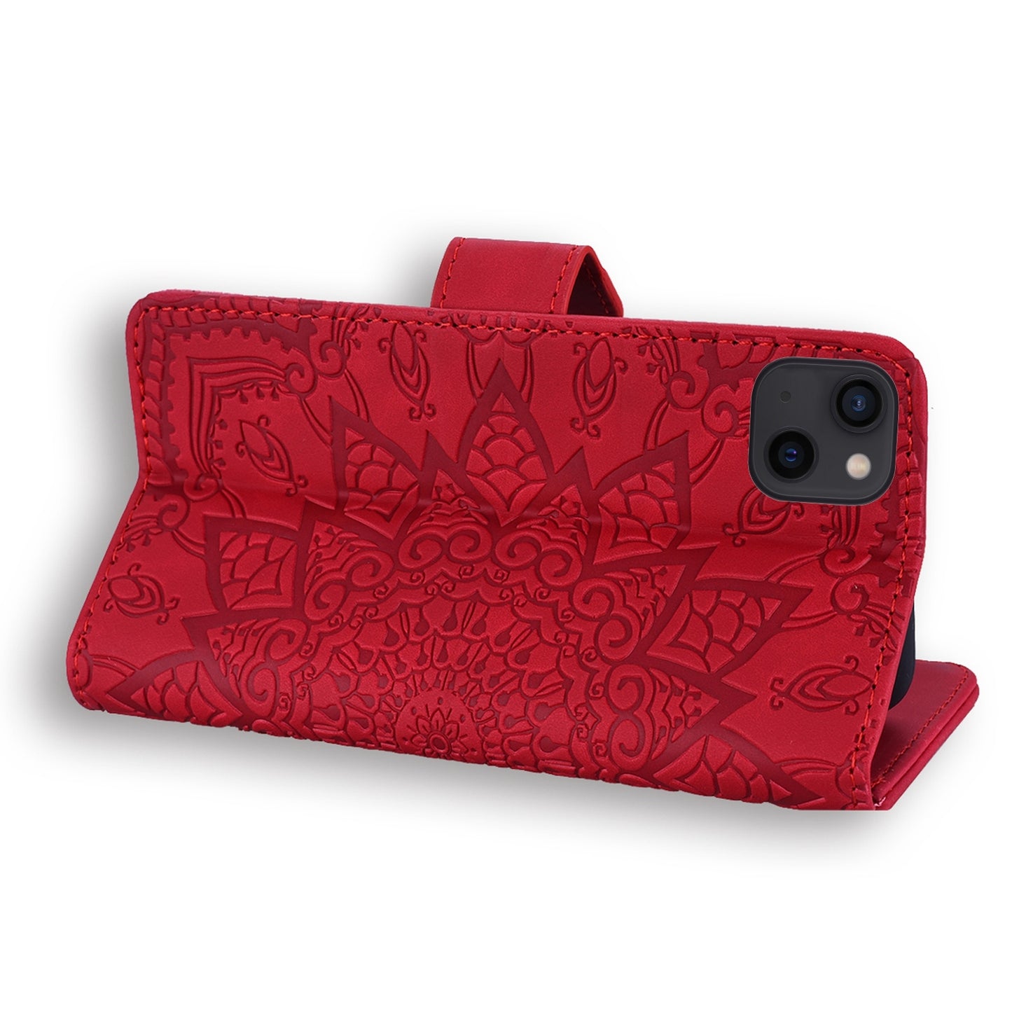 ELECTROPRIME For iPhone 15 Mandala Embossed Dual-Fold Calf Leather Phone Case(Red)