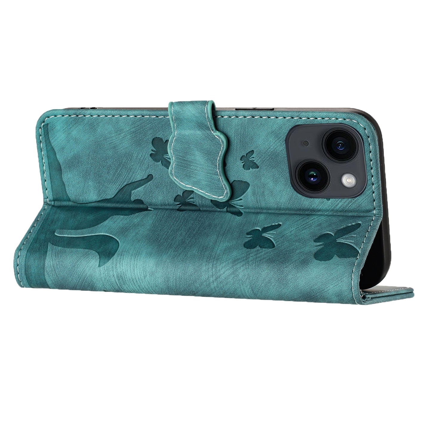 ELECTROPRIME For iPhone 15 Butterfly Cat Embossing Flip Leather Phone Case(Wathet)