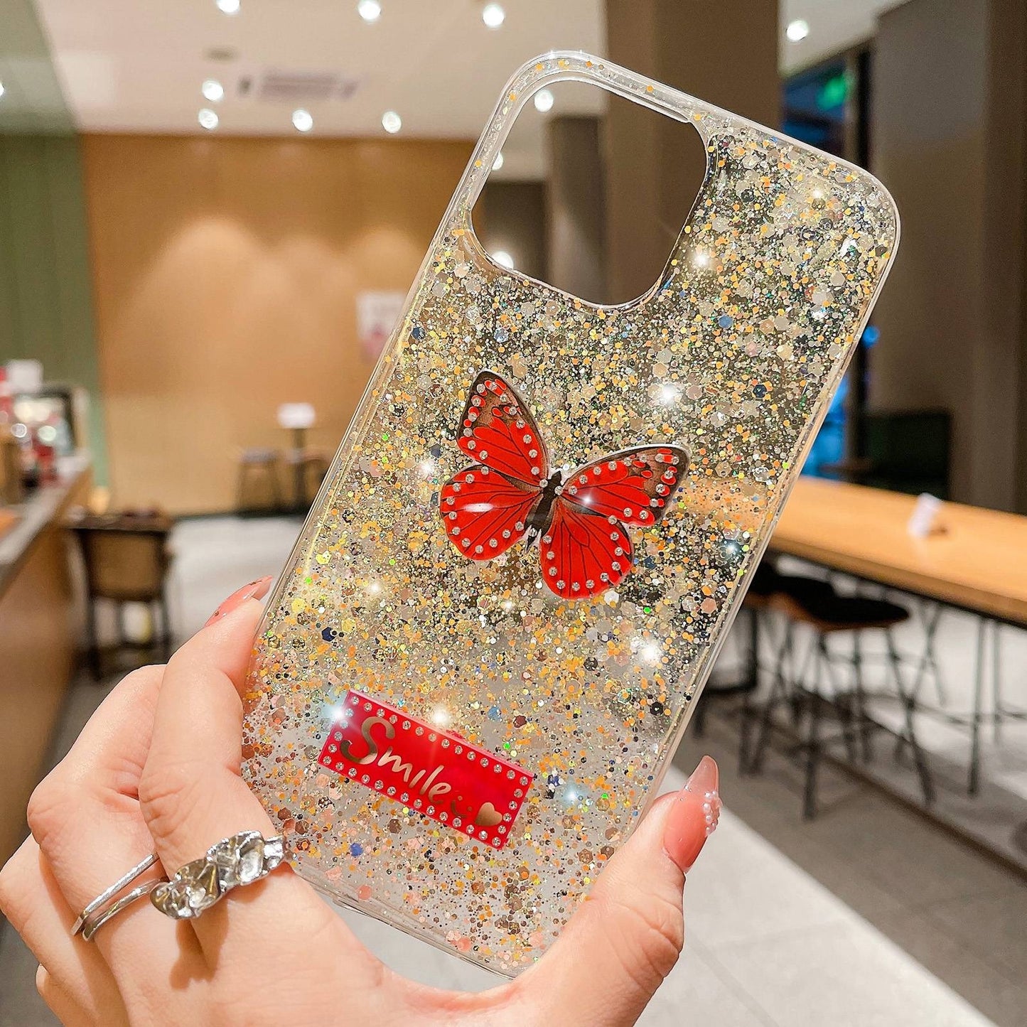 ELECTROPRIME For iPhone 15 Starry Sequin Rhinestones Butterfly Epoxy TPU Phone Case(Pink)