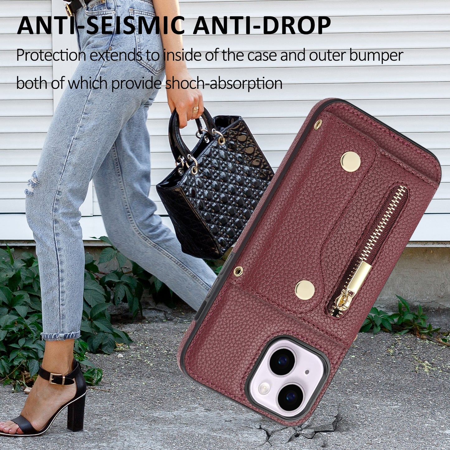 ELECTROPRIME For iPhone 15 DF-09 Crossbody Litchi texture Card Bag Design PU Phone Case(Wine Red)