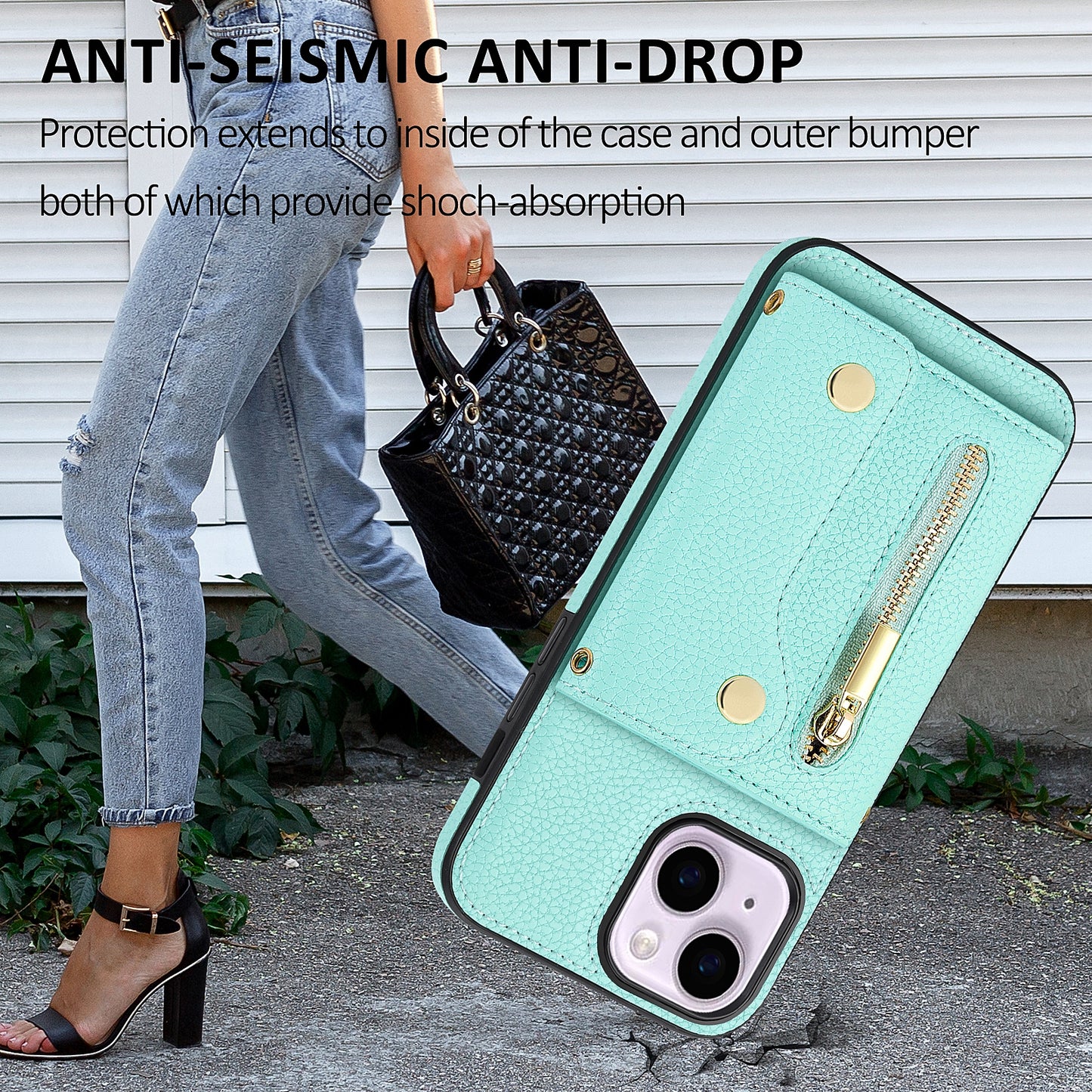ELECTROPRIME For iPhone 15 DF-09 Crossbody Litchi texture Card Bag Design PU Phone Case(Cyan)