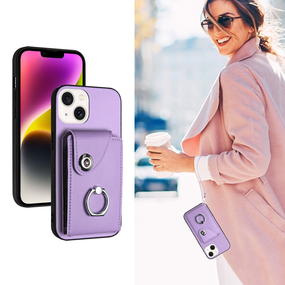 ELECTROPRIME For iPhone 15 Organ Card Bag Ring Holder PU Phone Case with Lanyard(Purple)