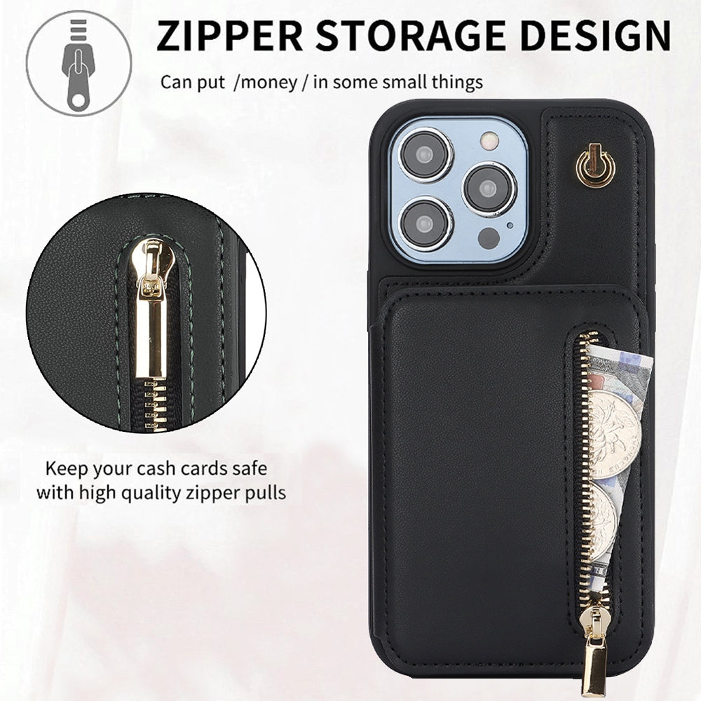ELECTROPRIME For iPhone 15 YM006 Skin Feel Zipper Card Bag Phone Case with Dual Lanyard(Black)