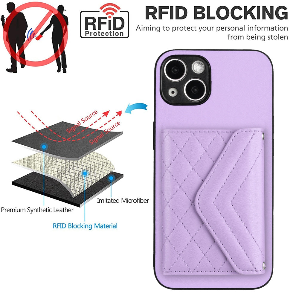 ELECTROPRIME For iPhone 15 Rhombic Texture Card Bag RFID Phone Case with Long Lanyard(Light Purple)