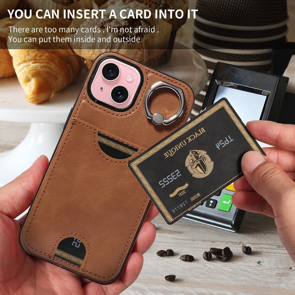 ELECTROPRIME For iPhone 15 Calf Texture Card Slot Ring Holder Phone Case(Brown)