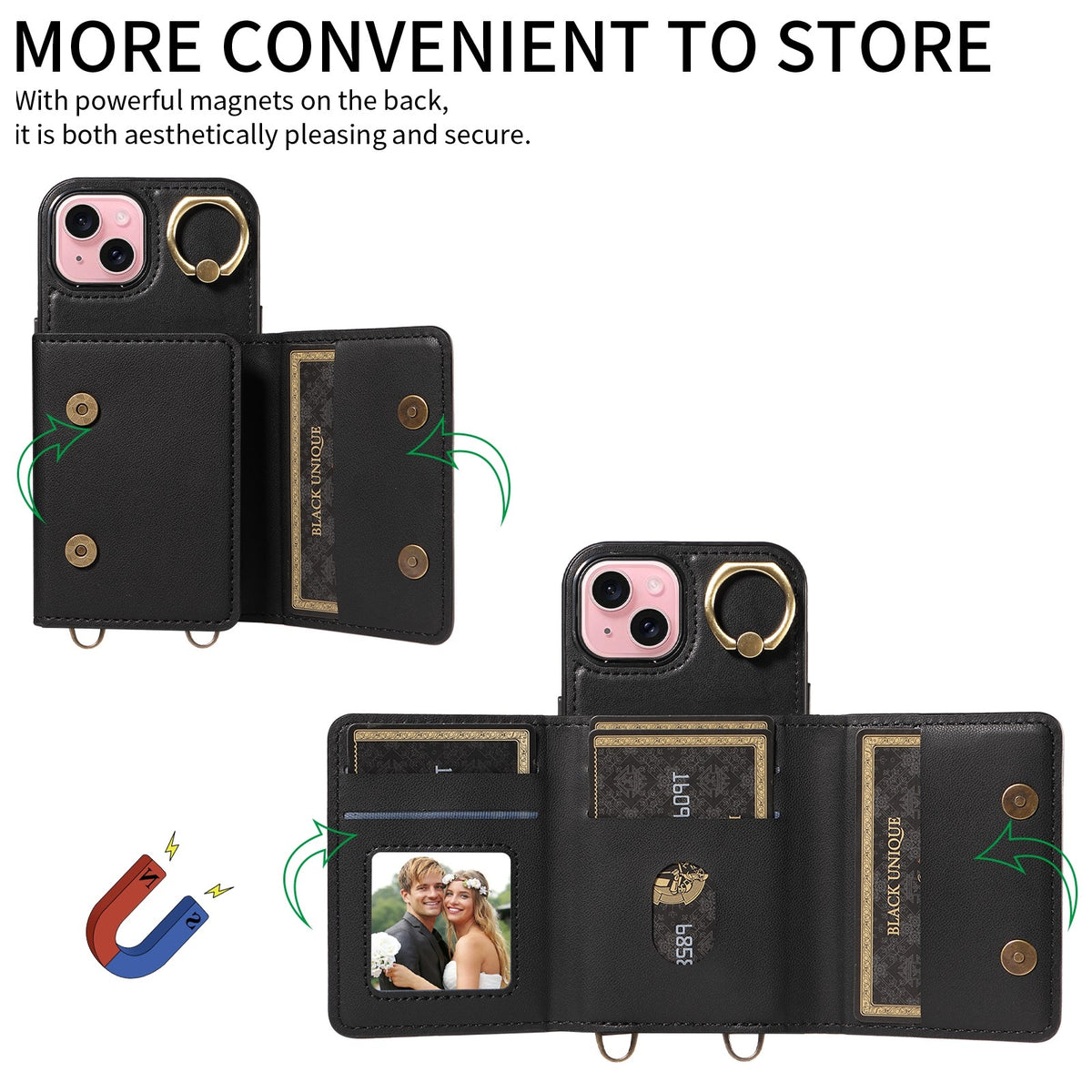 ELECTROPRIME For iPhone 15 Crossbodys Card Bag Ring Holder Leather Phone Case(Black)