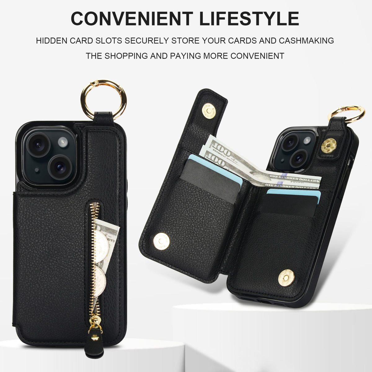 ELECTROPRIME For iPhone 15 Litchi Texture Zipper Double Buckle Card Bag Phone Case(Black)