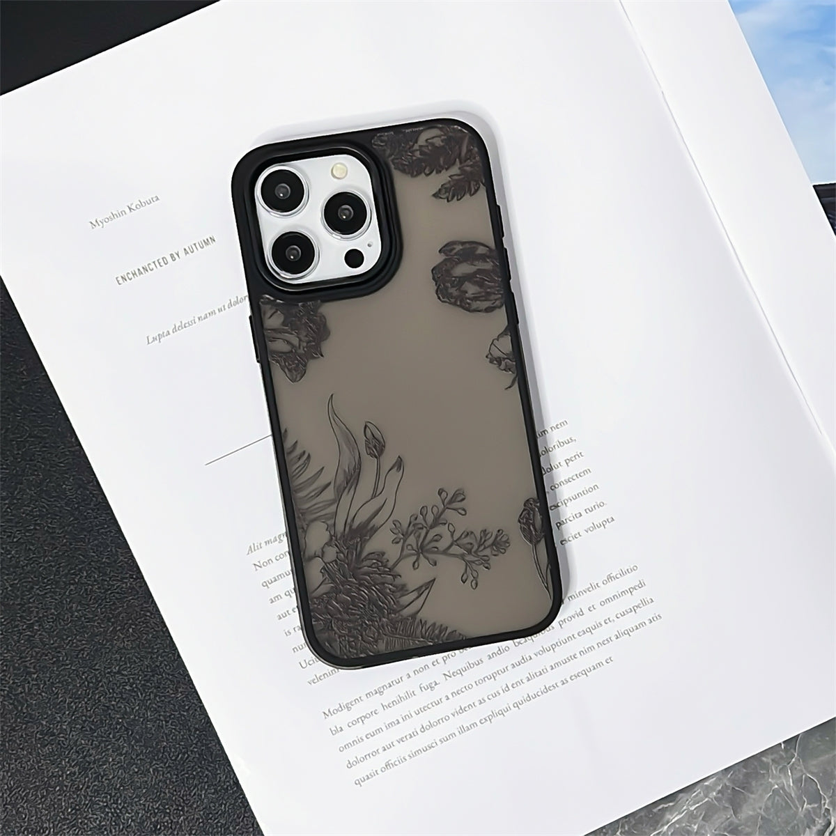 ELECTROPRIME For iPhone 15 Skin Feel Matte TPU+PC Shockproof Phone Case(Black Flower)