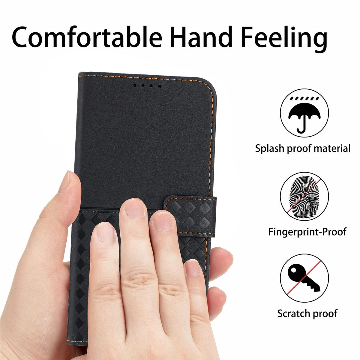ELECTROPRIME For iPhone 15 Plus Woven Embossed RFID Blocking Leather Phone Case(Black)