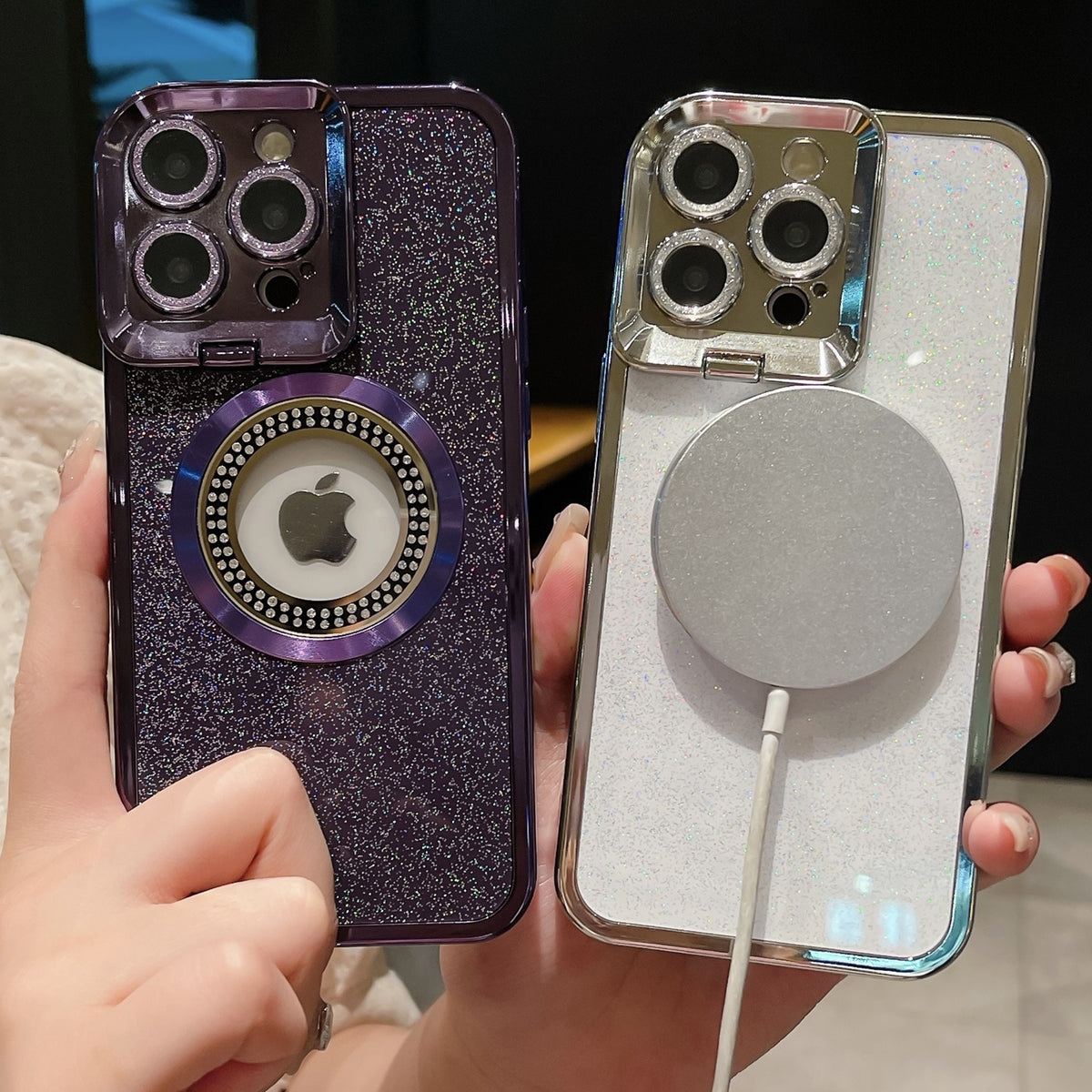 ELECTROPRIME For iPhone 15 Starry Glitter MagSafe Lens Holder Phone Case(Purple)