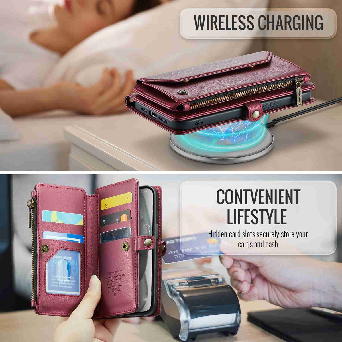 ELECTROPRIME For iPhone 15 Plus CaseMe C36 Card Slots Zipper Wallet RFID Anti-theft Leather Phone Case(Wine Red)