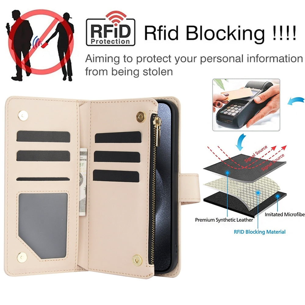 ELECTROPRIME For iPhone 15 YM016 Rhombic Zipper Card Wallet Leather Phone Case with Lanyard(Apricot)