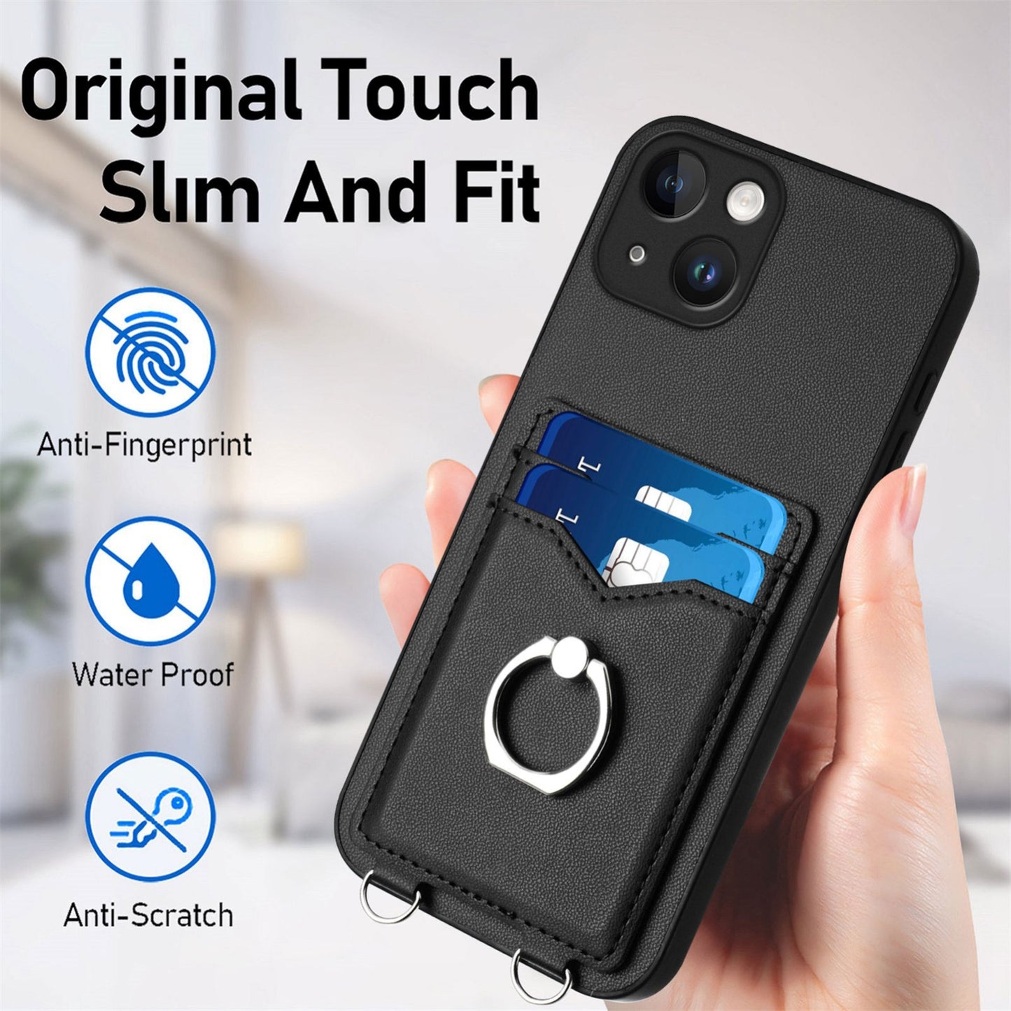 ELECTROPRIME For iPhone 15 R20 Crossbody Rope Ring Card Holder Phone Case(Black)
