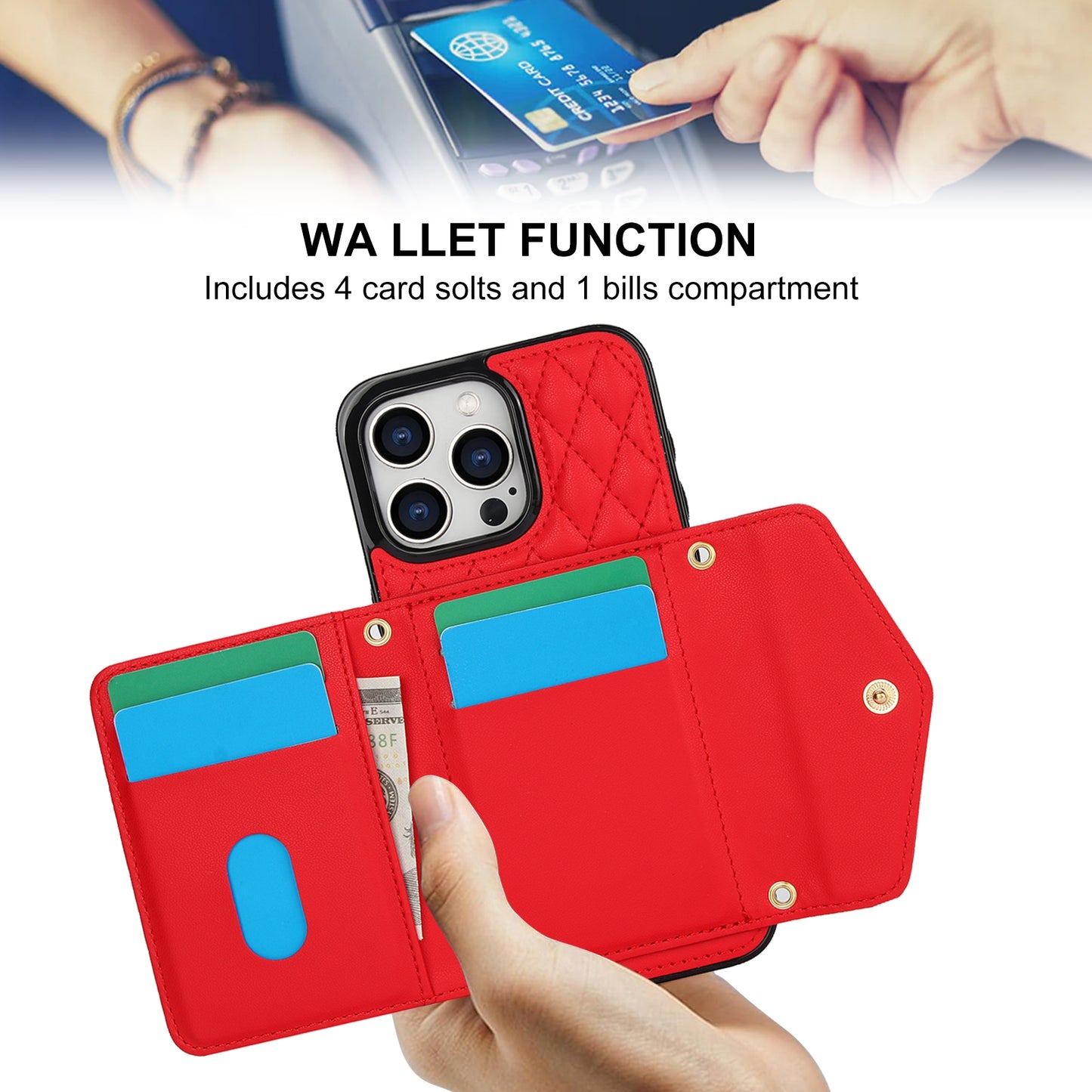 ELECTROPRIME For iPhone 15 Splicing Rhombic Texture Card Bag Phone Case with Long Lanyard(Red)