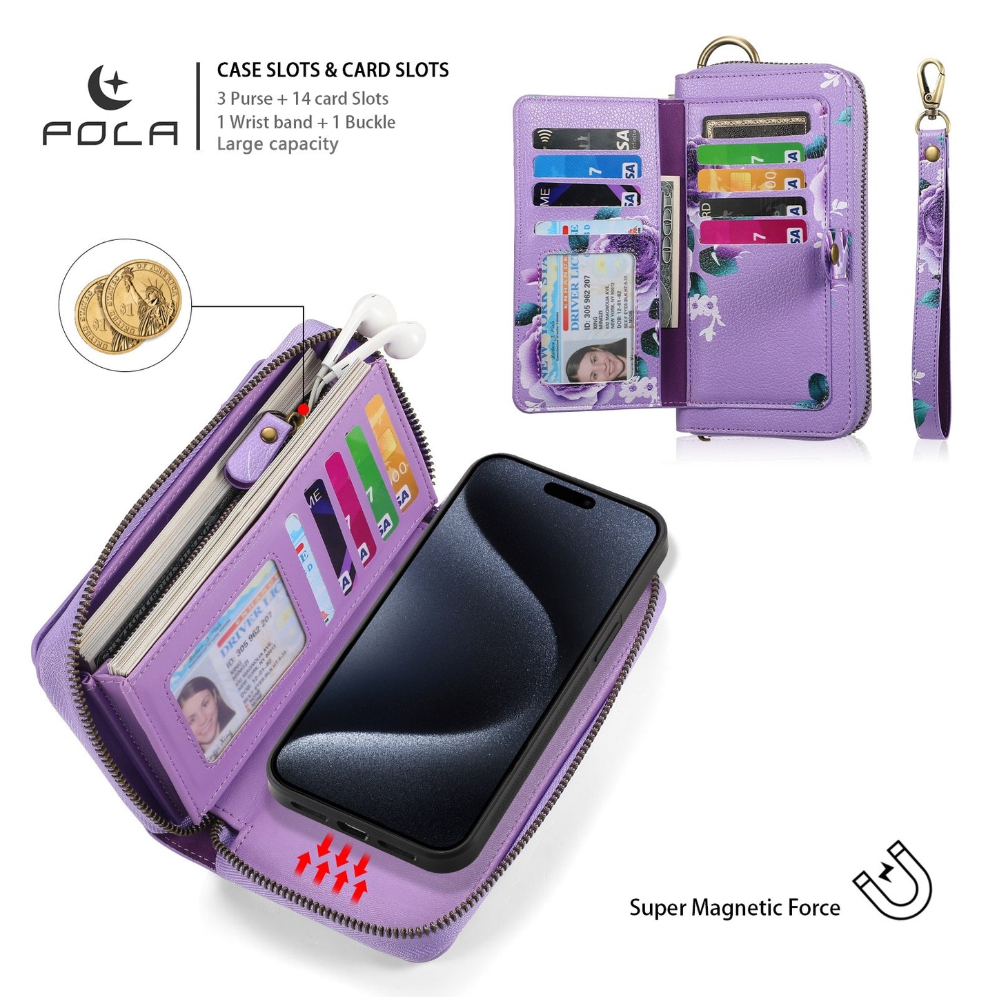 ELECTROPRIME For iPhone 15 POLA MagSafe Flower Multi-functional Zipper Wallet Leather Phone Case(Purple)