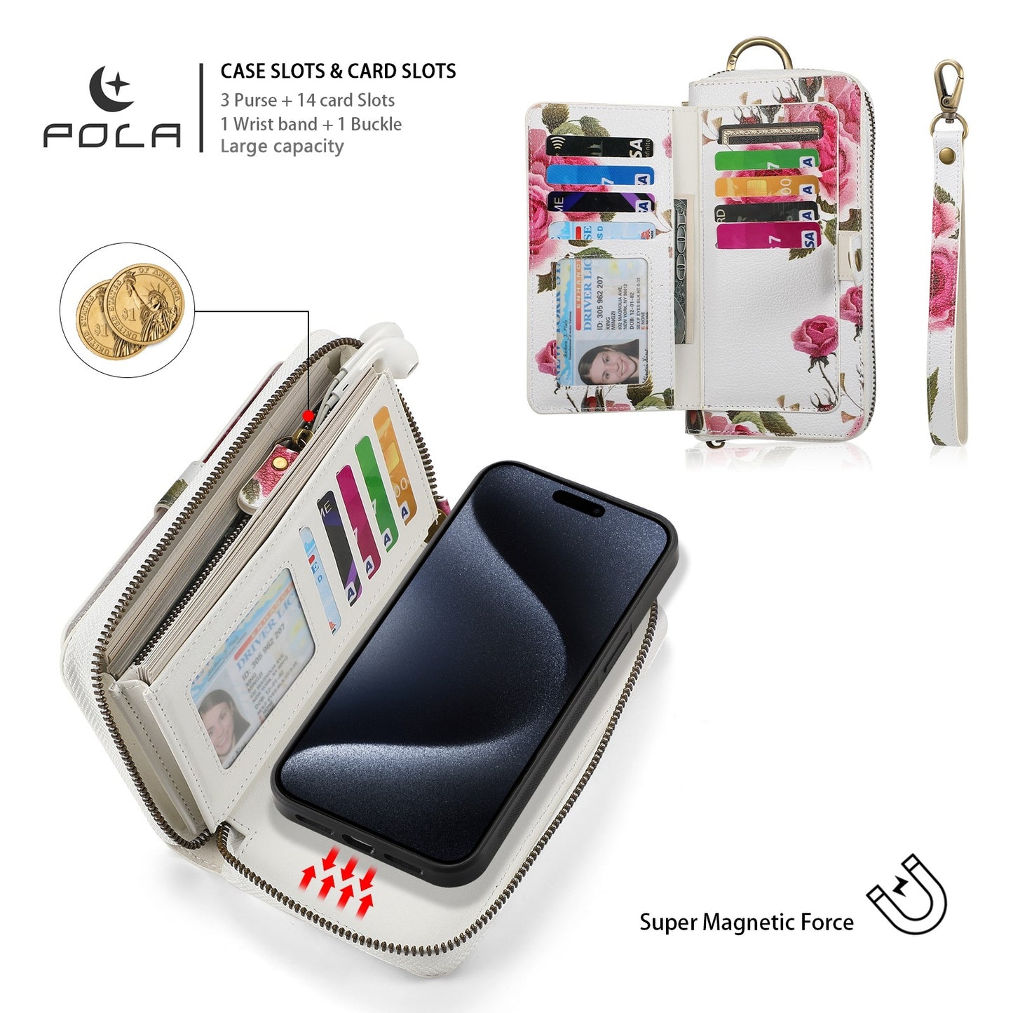 ELECTROPRIME For iPhone 15 POLA MagSafe Flower Multi-functional Zipper Wallet Leather Phone Case(Beige)