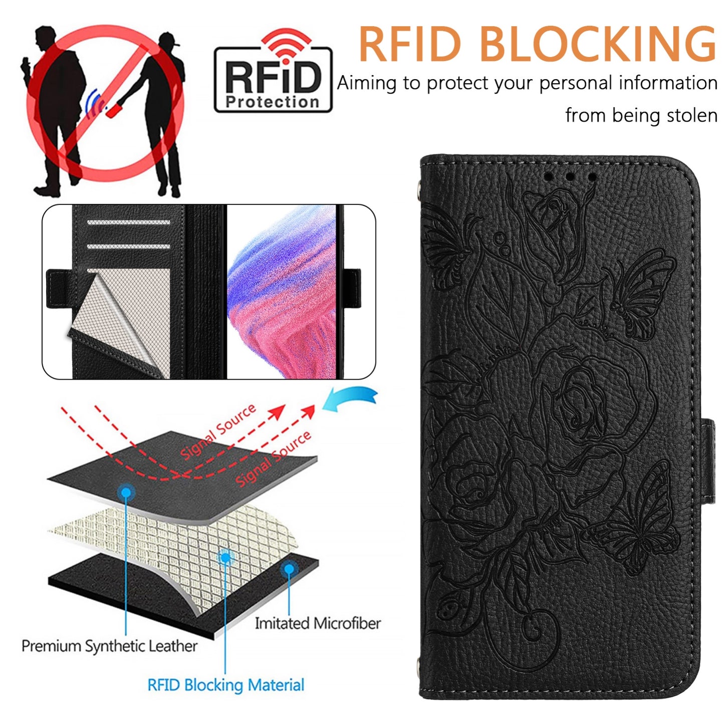 ELECTROPRIME For iPhone 15 Embossed Rose RFID Anti-theft Leather Phone Case(Black)