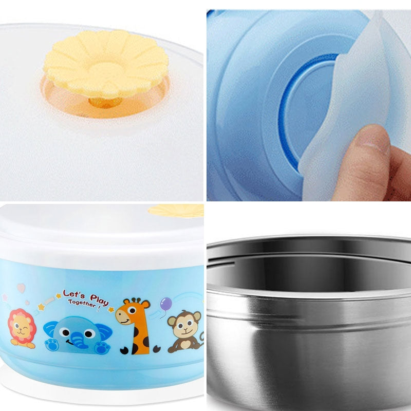 ELECTROPRIME 450ml Stainless Steel Interior And Plastic Exterior Double Layer Cartoon Style Bowl With Cover And Handles For Child At Age 2 To 9(Blue)