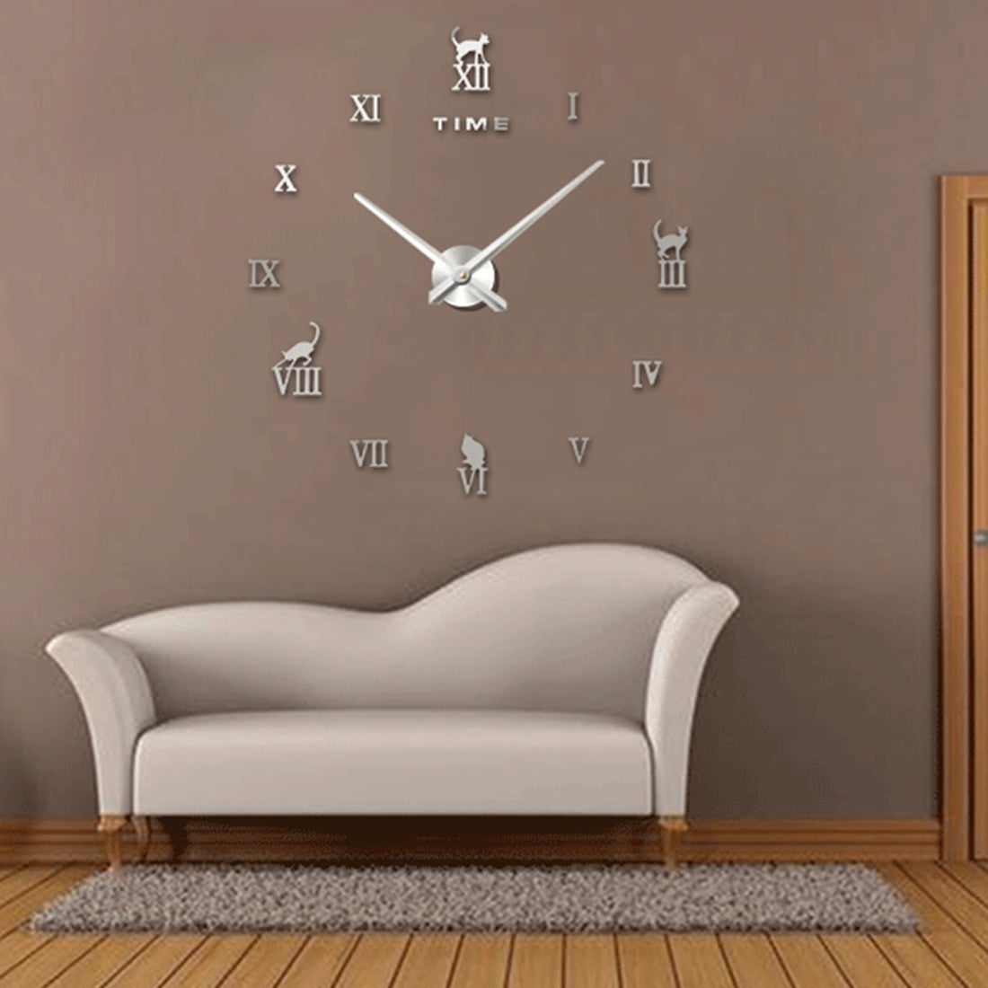 ELECTROPRIME Home Office Decor Frameless Cat Shape Large Size DIY 3D Mirror Surface Wall Stickers Mute Clock, Size: 100*100cm(Silver)