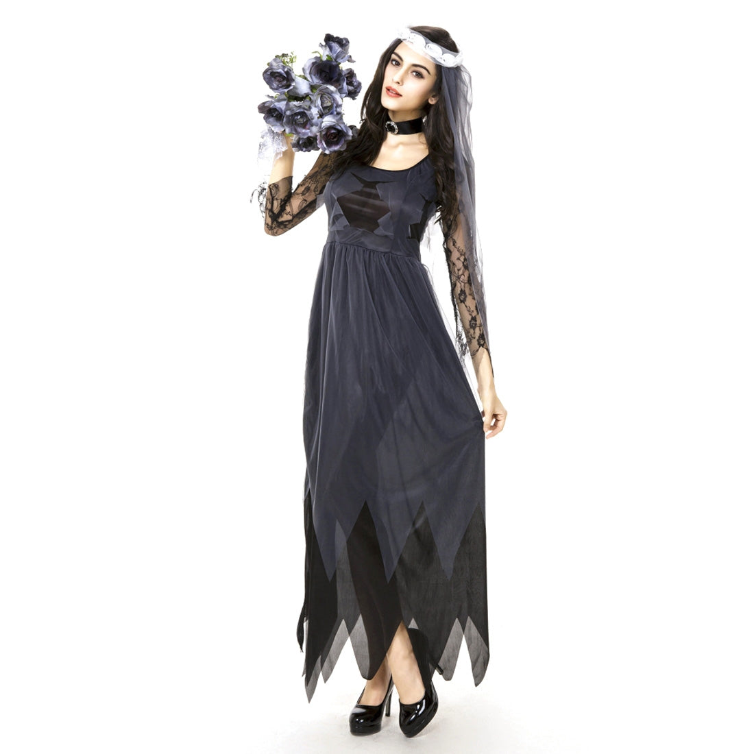 ELECTROPRIME Halloween Costume Women Lace Chiffon Black Dress Ghost Bride Clothes Cosplay Game Uniforms, Size: M, Bust: 76cm, Waistline:70cm, Clothes Long:141cm