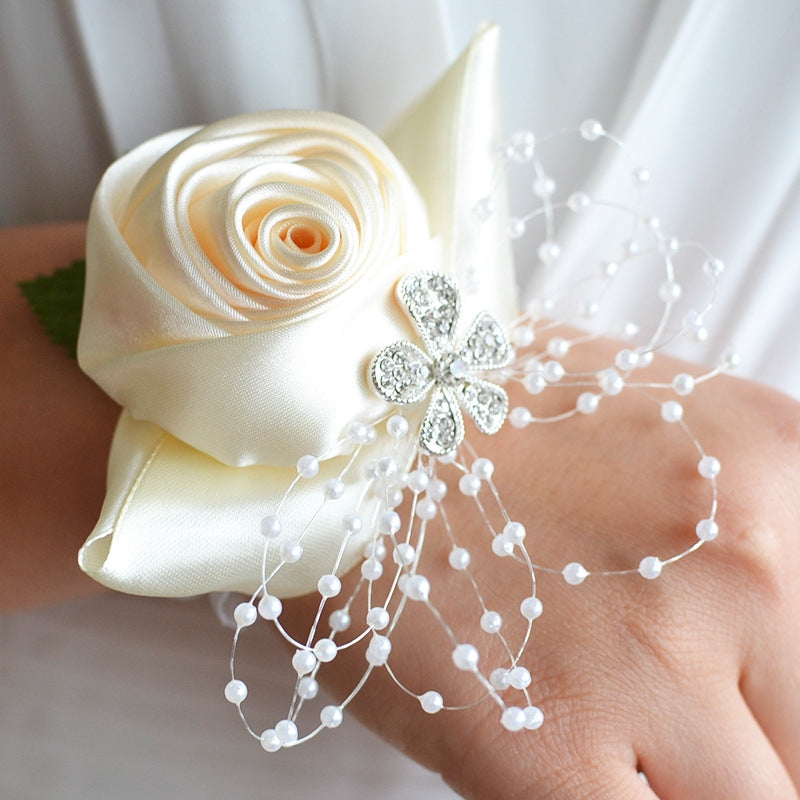 ELECTROPRIME Handmade Wedding Bride Wrist Flower Boutonniere Bouquet Corsage Diamond Satin Rose Flowers(White)