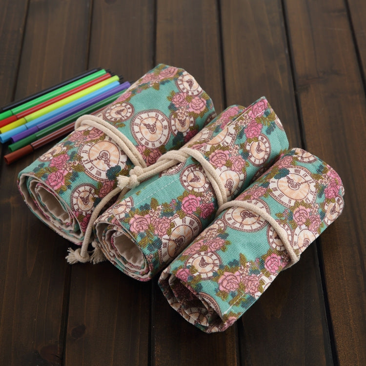 ELECTROPRIME 48 Slots Rose Clock Print Pen Bag Canvas Pencil Wrap Curtain Roll Up Pencil Case Stationery Pouch
