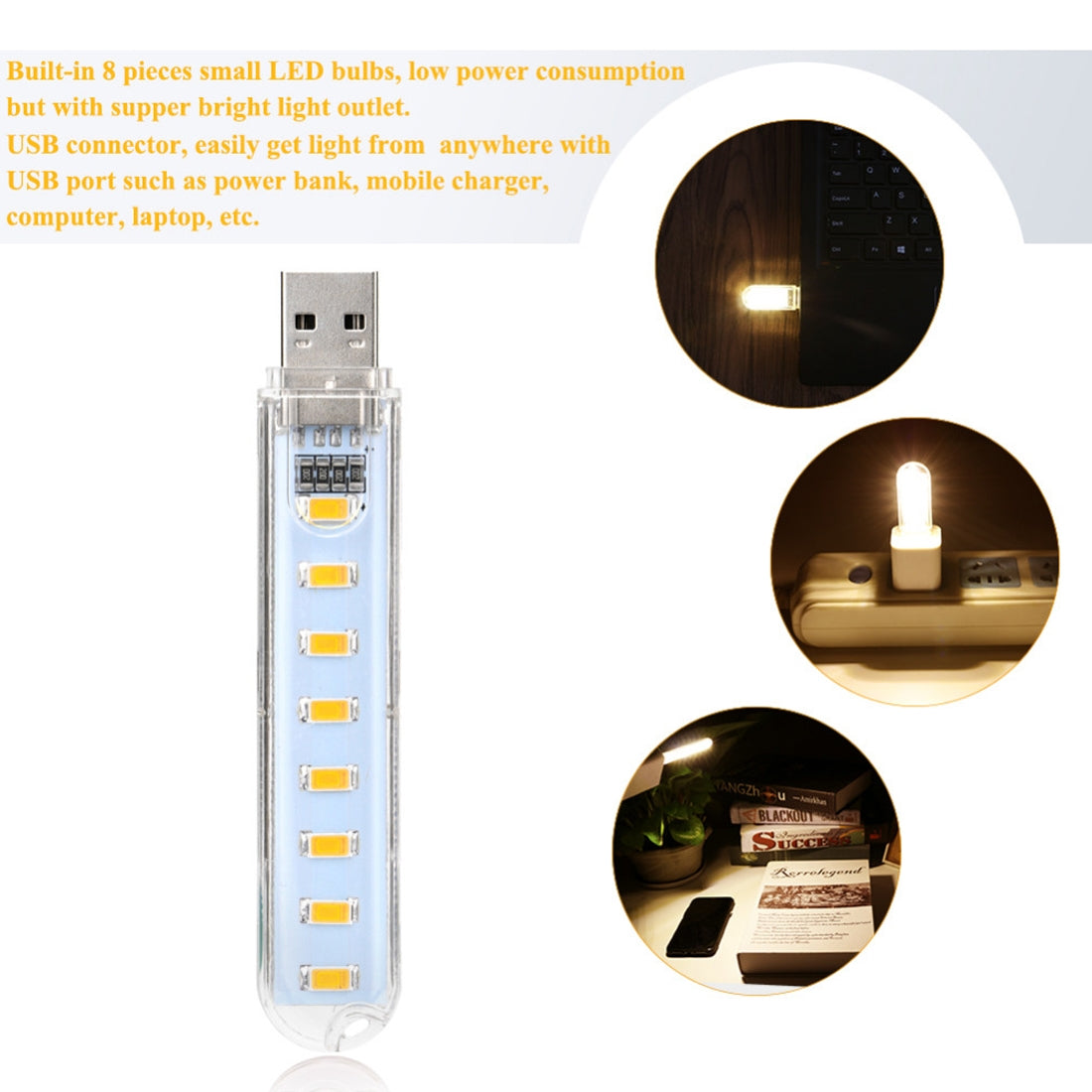 ELECTROPRIME 3W 8 LEDs 5730 SMD USB LED Book Light Portable Night Lamp, DC 5V (Warm White)