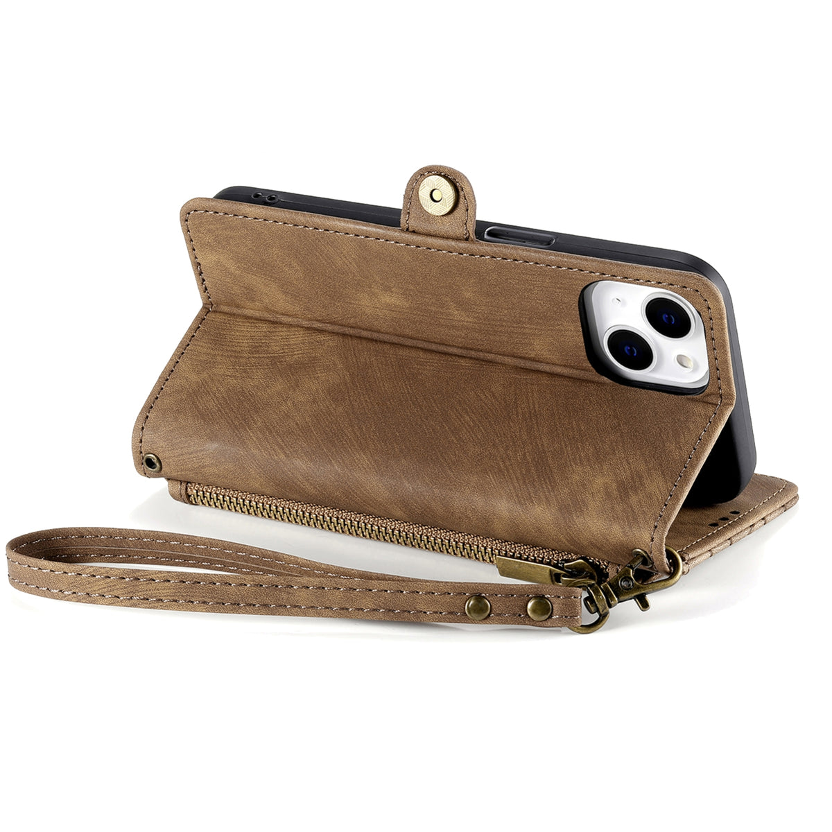 ELECTROPRIME For iPhone 15 Geometric Zipper Wallet Side Buckle Leather Phone Case(Brown)