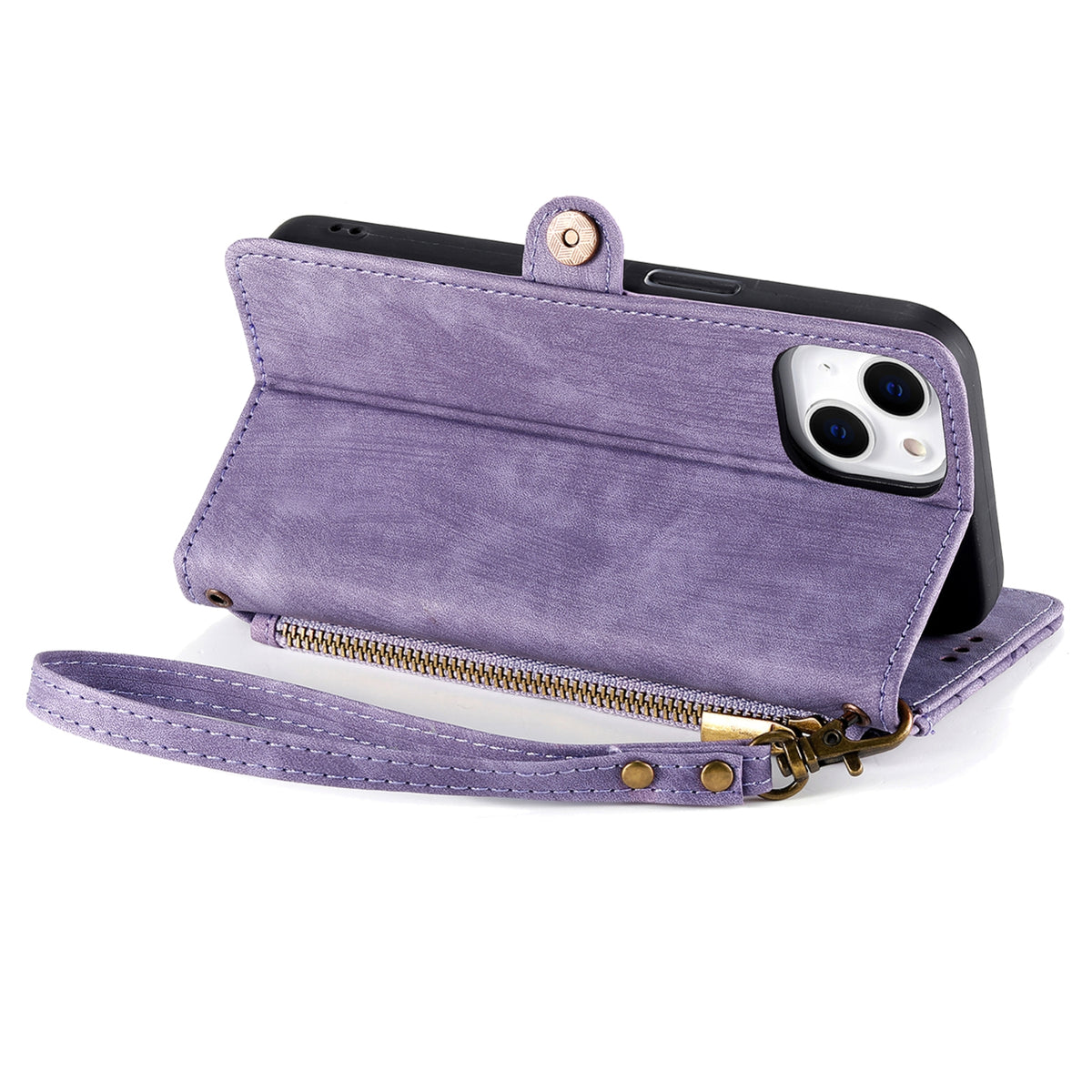 ELECTROPRIME For iPhone 15 Plus Geometric Zipper Wallet Side Buckle Leather Phone Case(Purple)