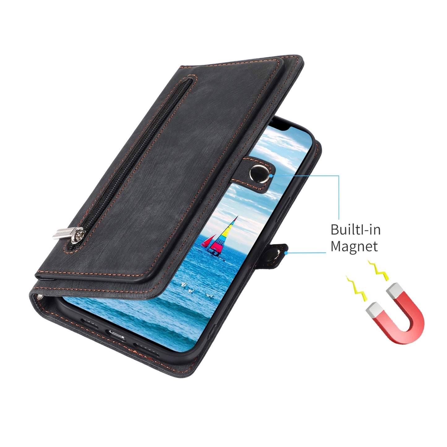 ELECTROPRIME For iPhone 15 Zipper Card Slot Buckle Wallet Leather Phone Case(Black)