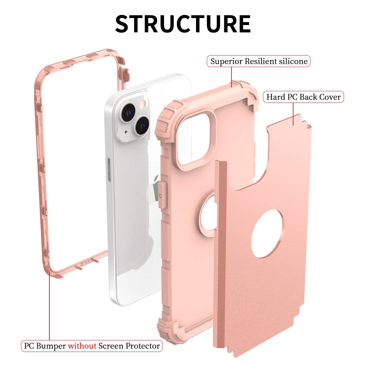 ELECTROPRIME For iPhone 15 3 in 1 Silicone Hybrid PC Shockproof Phone Case(Rose Gold)