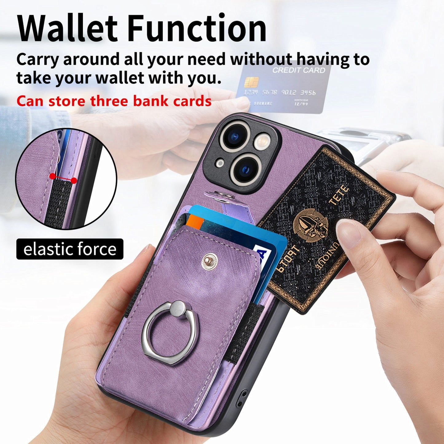 ELECTROPRIME For iPhone 15 Retro Skin-feel Ring Card Wallet Phone Case(Purple)
